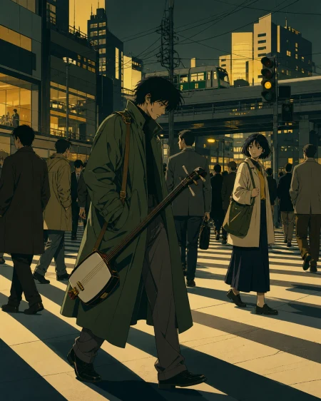 A tired musician carrying an electric shamisen through a midnight crosswalk, during a crowded evening where one quiet interaction becomes the focus. Wide intersection view balancin