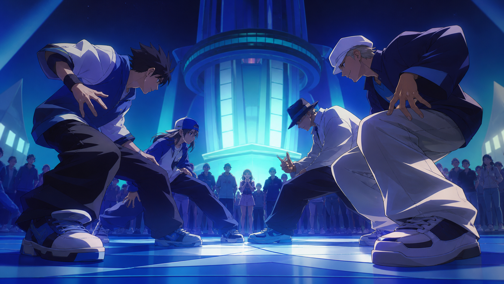 Teen street dancers facing a veteran duo in a public plaza, at the strongest pose of a friendly exchange rather than a hostile fight. Low side angle focused on footwork and opposing movement lines. Ultramarine, biolumine
