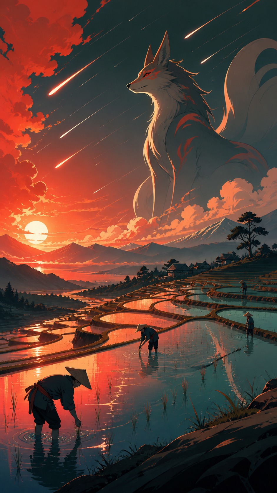Terraced rice fields reflecting a meteor shower during planting season, at the transition between two kinds of weather. Tranquil landscape panorama with a strong foreground-to-distance rhythm. Vermillion, charcoal, warm 
