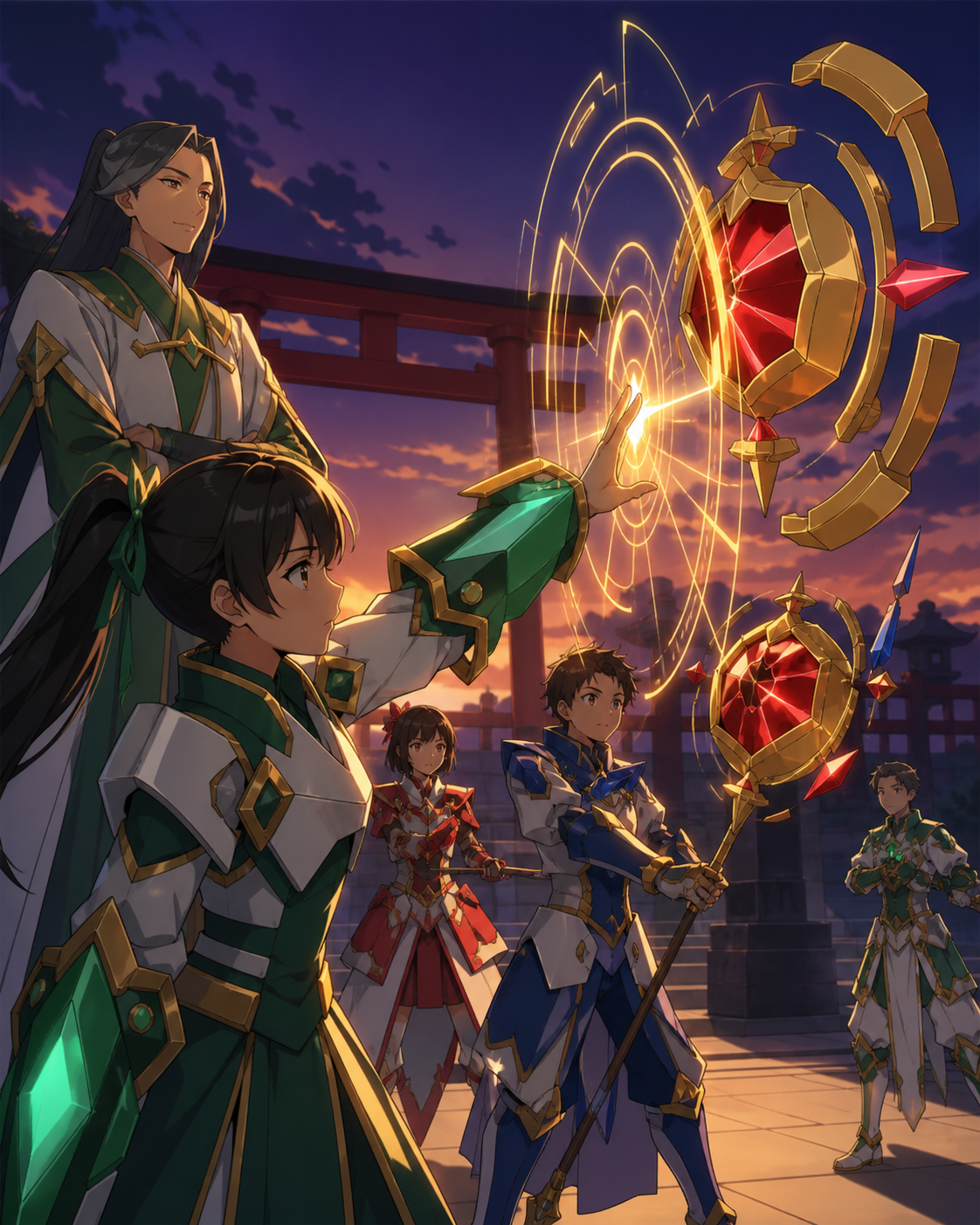 Young shrine guardians taking a practical exam at dusk, on an ordinary school day shaped by one magical rule. Intimate teacher-student frame with the magical problem visible. Emerald, stained-glass ruby, lapis, and lumin