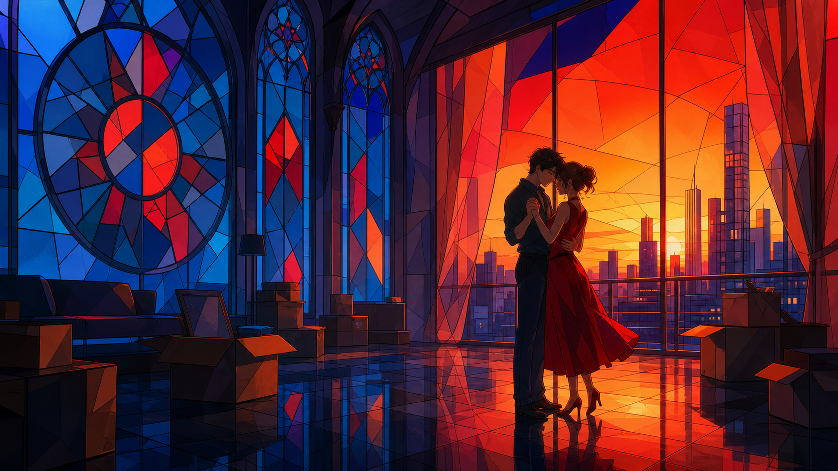 An adult couple slow-dancing while packing an almost-empty apartment, during a bittersweet transition with the environment carrying the emotion. Observational long shot where one small gesture becomes the focal point. Pe