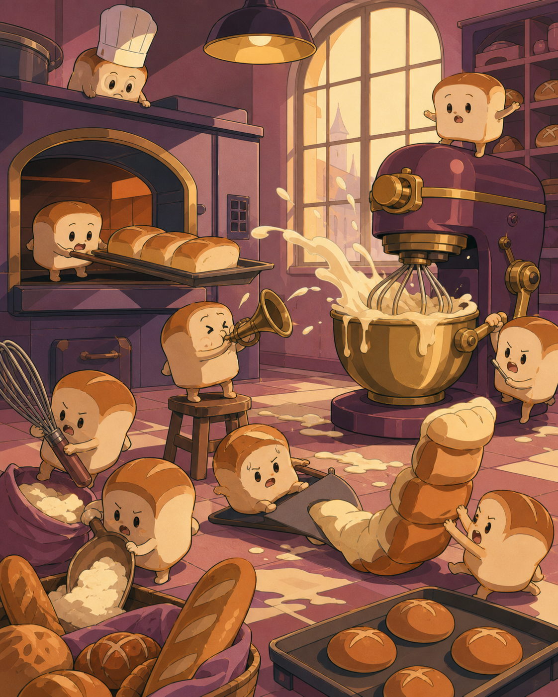 A gang of tiny bread spirits attempting to operate a full-size bakery, in the middle of an escalating but harmless disaster. Ensemble comedy tableau with several connected visual jokes. Muted rose, parchment, muted plum,