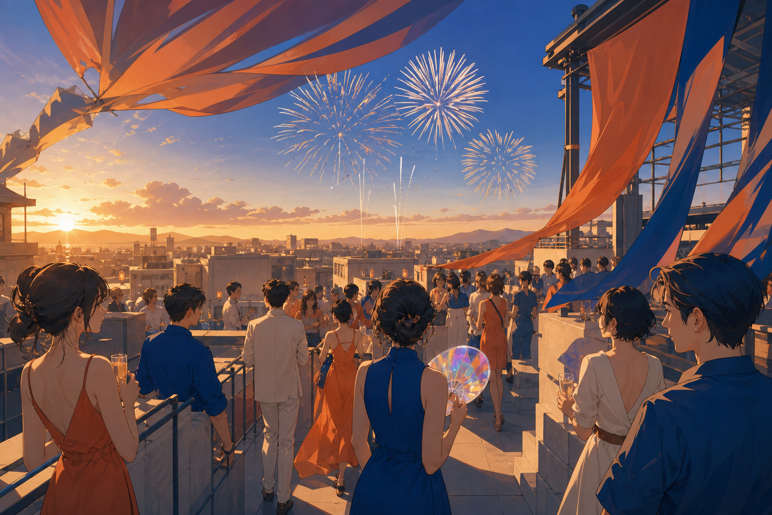 A rooftop fireworks celebration spanning dozens of connected buildings, from an unusual vantage point within the crowd rather than above it. Immersive crowd-level panorama with clear focal lighting. Cobalt, persimmon ora