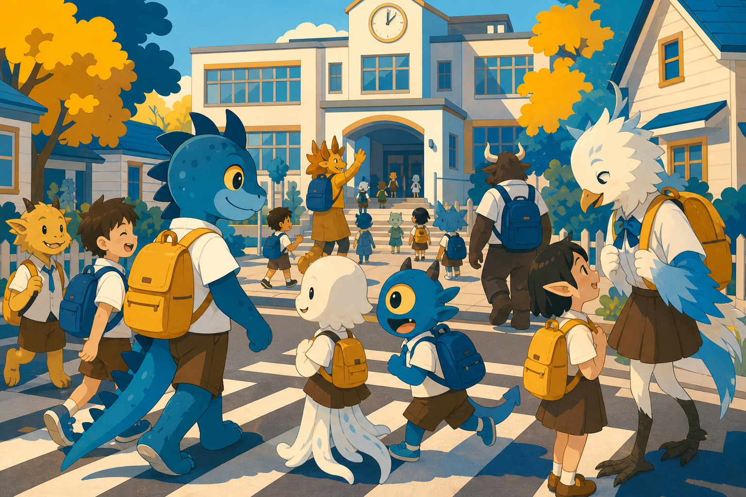 Monster children starting their first day at a human school, on a busy morning where unusual anatomy is practically useful. Wide neighborhood ensemble with multiple species sharing one activity. Saffron, peacock blue, da
