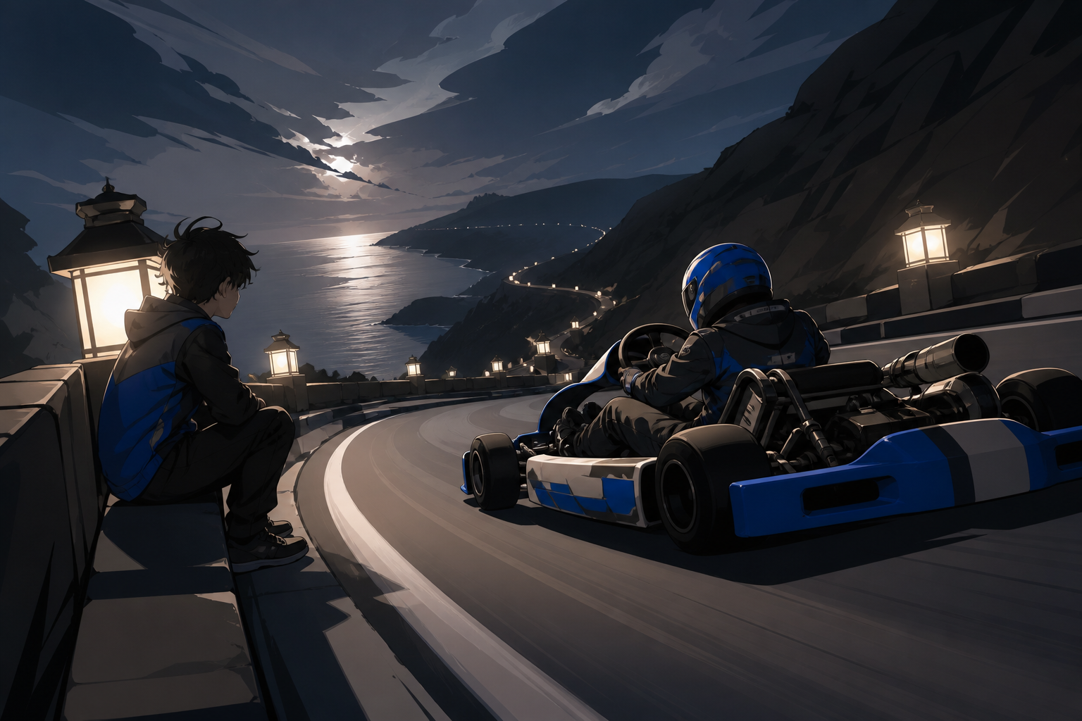 A teenage kart mechanic watching their older sibling enter a night circuit, on a winding coastal road under rapidly changing light. Low tracking angle beside the leading car through a strong curve. Soft monochrome with a