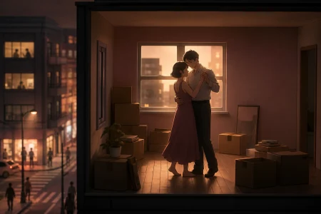 An adult couple slow-dancing while packing an almost-empty apartment, in a private-feeling moment surrounded by ordinary public life. Observational long shot where one small gestur