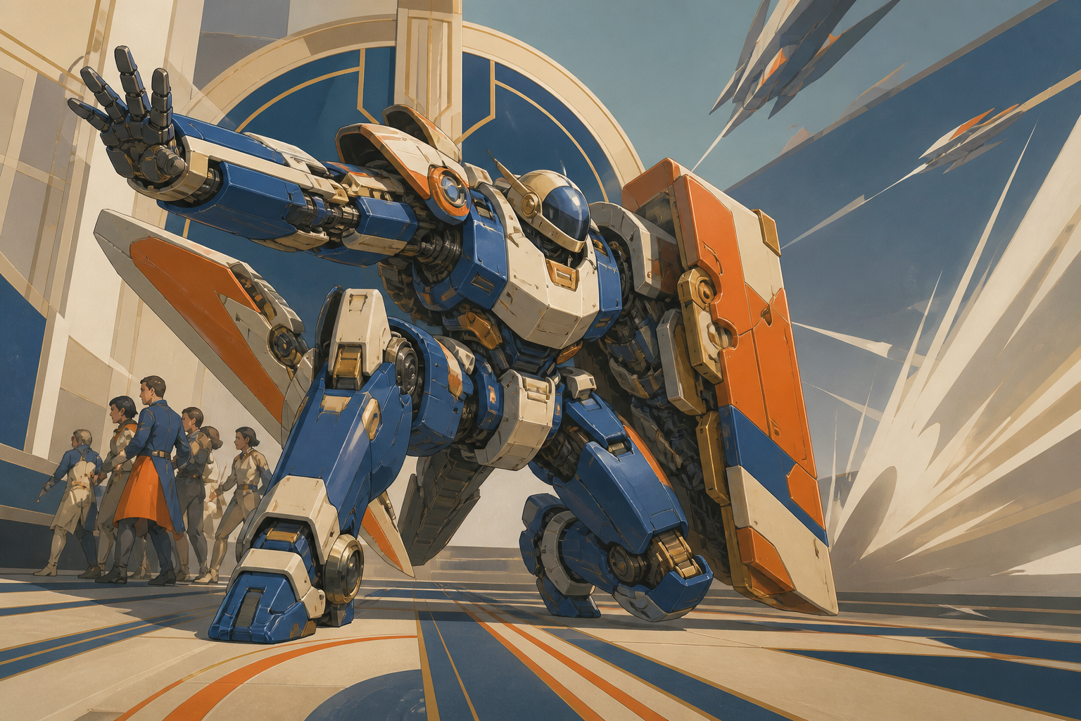 A deep-space maintenance suit unfolding into an asymmetrical combat machine, bracing against a shockwave while protecting civilians just outside frame. Dynamic low-angle action frame with a strong diagonal movement line.