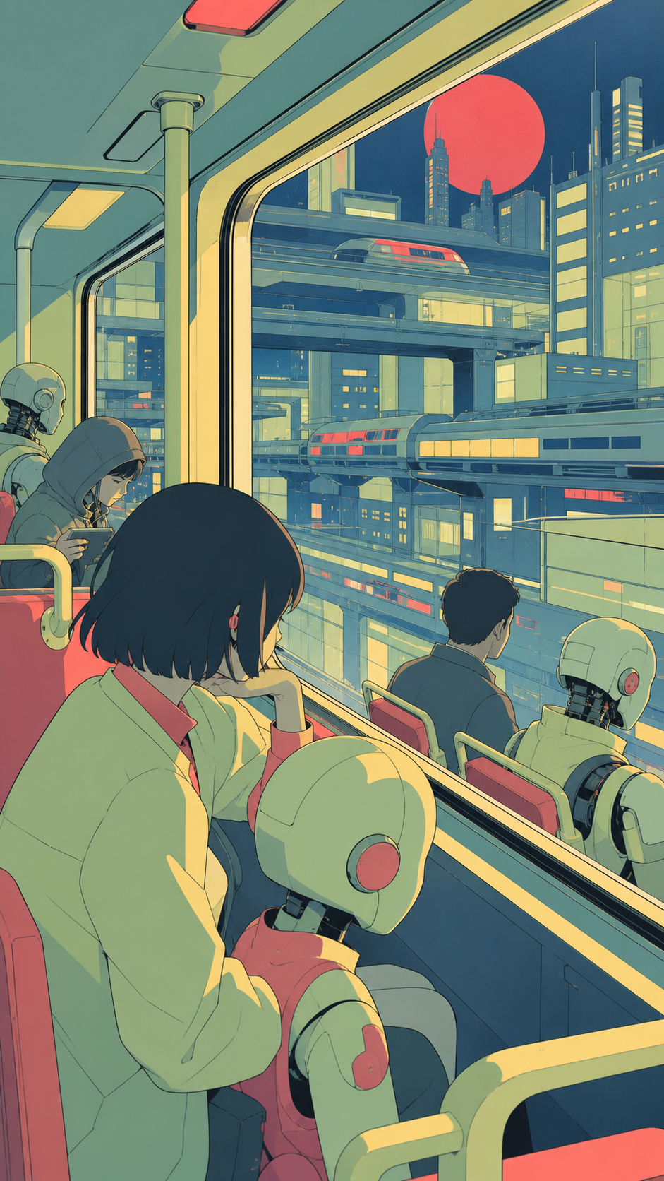 A midnight bus carrying humans and androids through a vertical city, during an ordinary commute with one unexpected view. Interior view looking through a large window at passing architecture. Soft pistachio, butter yello