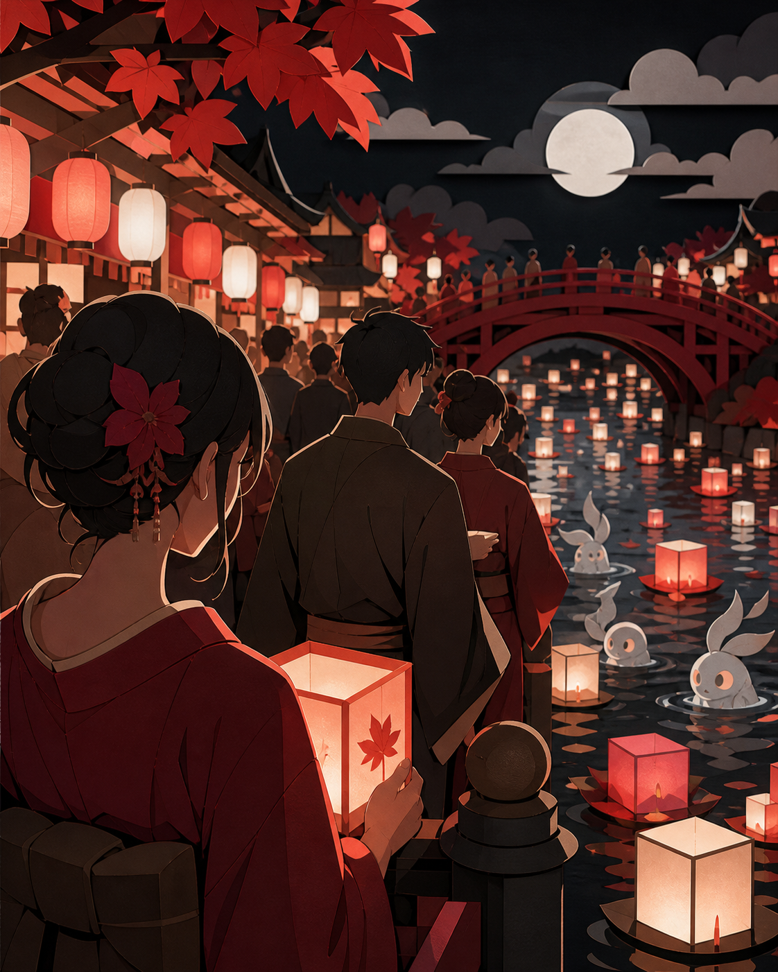 A river lantern festival attended by humans and shy water spirits, from an unusual vantage point within the crowd rather than above it. Immersive crowd-level panorama with clear focal lighting. Crimson, black cherry, mut