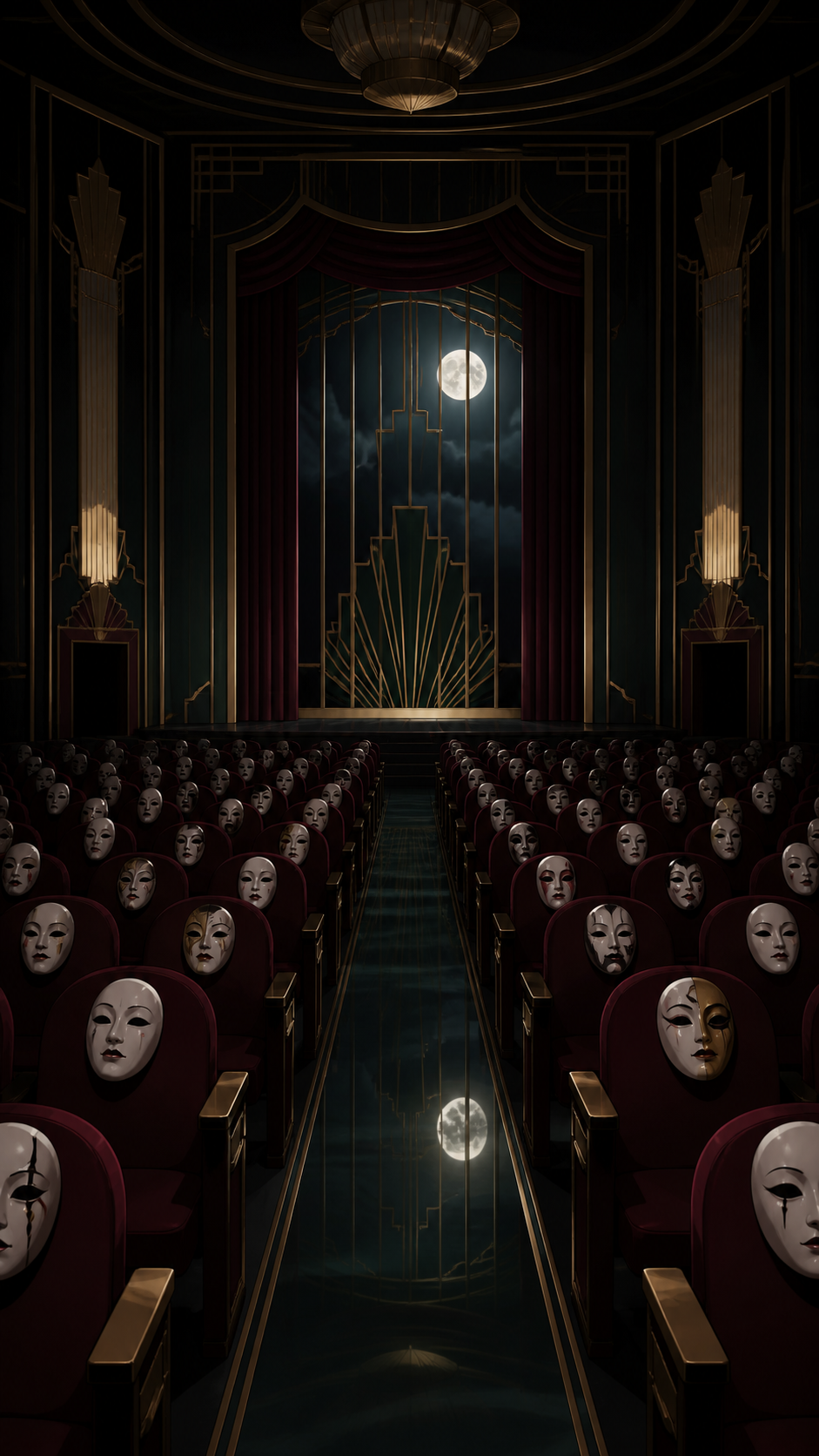 An abandoned theater where every empty seat holds a different porcelain mask, shown at the uneasy instant when something impossible becomes noticeable. Suspenseful deep-perspective composition with the threat implied rat