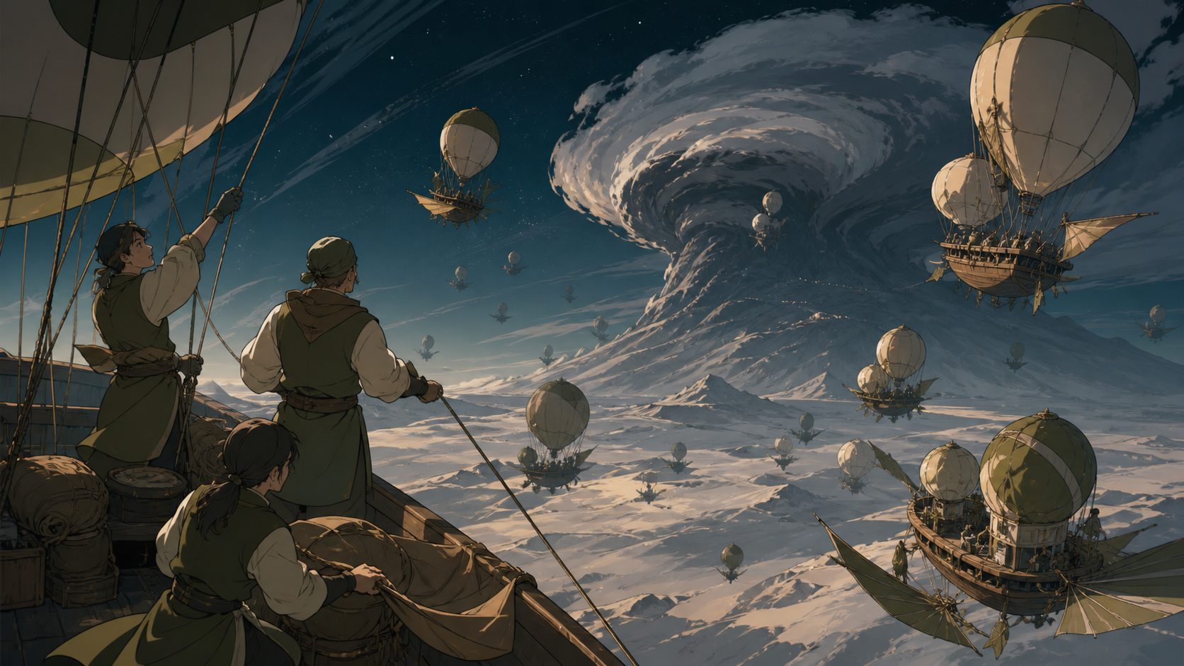 A balloon city gathering around a seasonal mountain-sized storm, as changing winds force inhabitants into a practiced communal response. Sweeping aerial panorama with a strong route across the frame. Moss green, slate gr