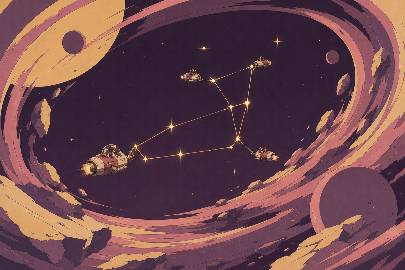 A constellation being carefully stitched back together by tiny maintenance ships, at the calm center of a vast gravitational phenomenon. Expansive widescreen composition with strong negative space. Muted rose, parchment,