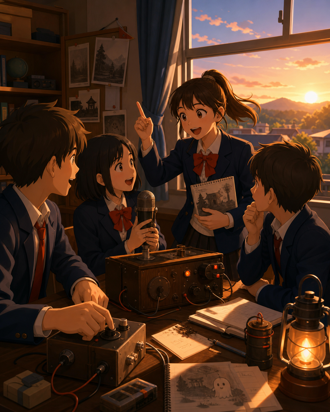 The school radio club recording local ghost stories before sunset, as a failed plan turns into a better group idea. Table-height view with hands, tools, and reactions all readable. Amber, walnut brown, rain blue, and tin