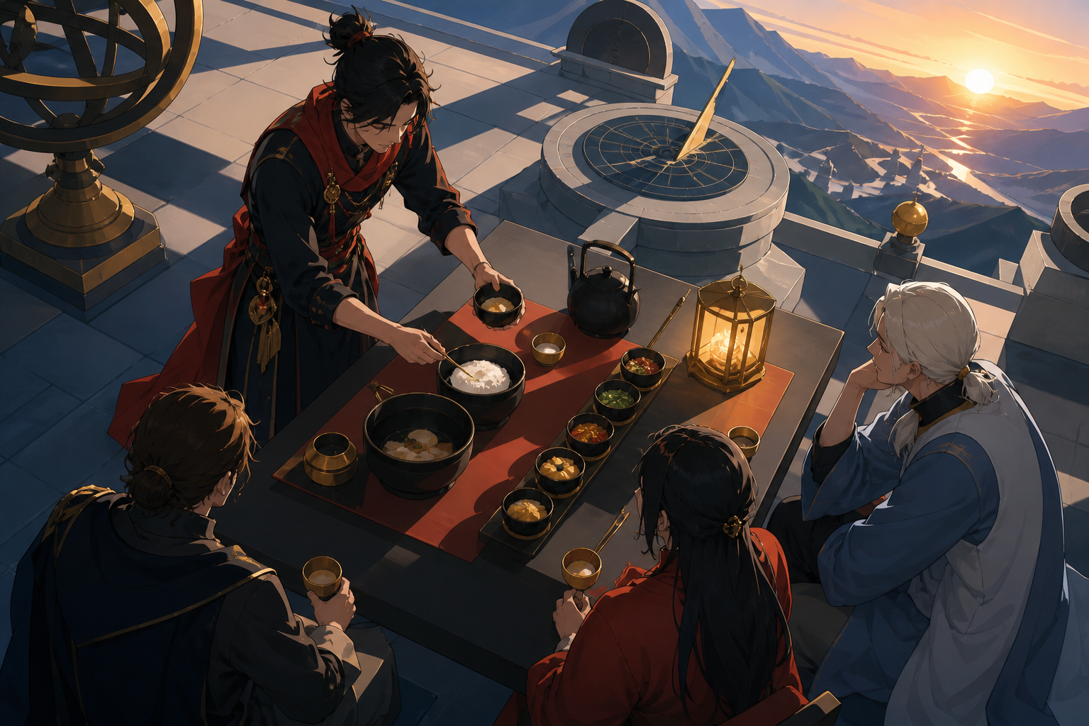 A traveling tea master setting a table at the edge of an ancient observatory, as one simple shared meal brings unfamiliar people together. Overhead-leaning composition organized by hands, bowls, and serving rhythm. Pine 