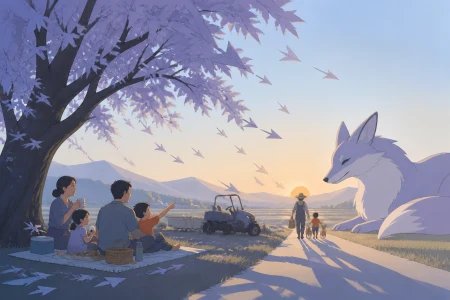 A family picnic beneath a tree whose leaves point toward hidden paths, as a harmless local legend quietly proves true. Low viewpoint beside a field with characters moving toward th