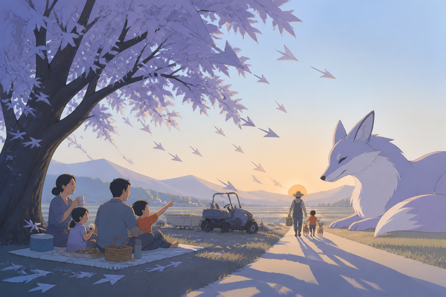 A family picnic beneath a tree whose leaves point toward hidden paths, as a harmless local legend quietly proves true. Low viewpoint beside a field with characters moving toward the horizon. Pale lavender, icy blue, grap