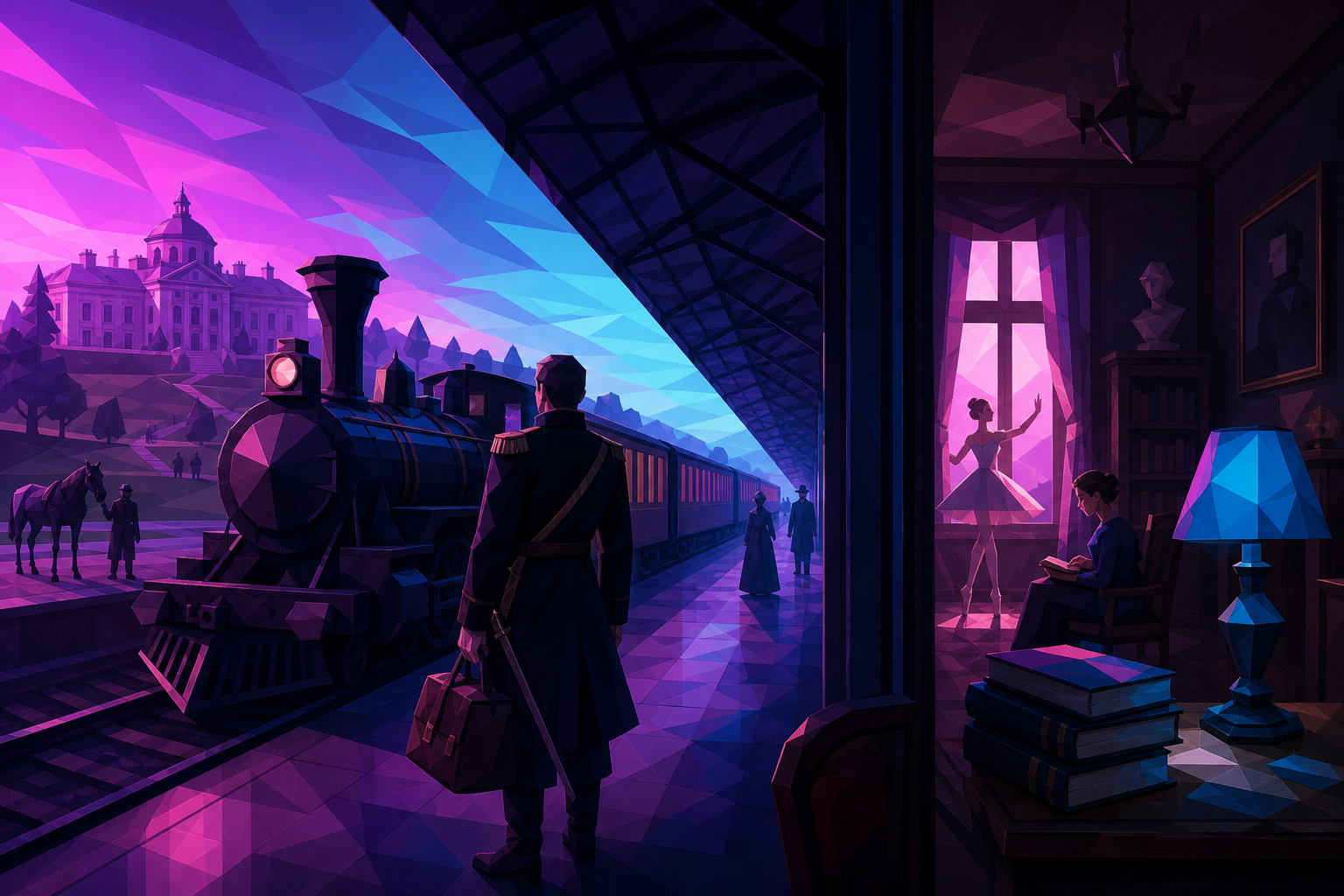 A cavalry officer returning to a vast country estate after many years, as private lives unfold beside a historic public crisis. Long station-platform view with the arriving train dividing the frame. Saturated magenta, el