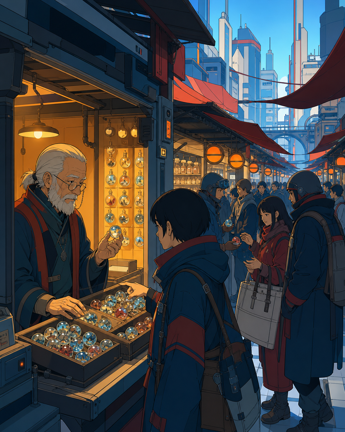 An elderly vendor offering memories stored in simple glass tokens, at the busiest hour with many distinct but readable transactions. Market-lane view with a strong focal stall and activity receding behind. Petrol blue, o