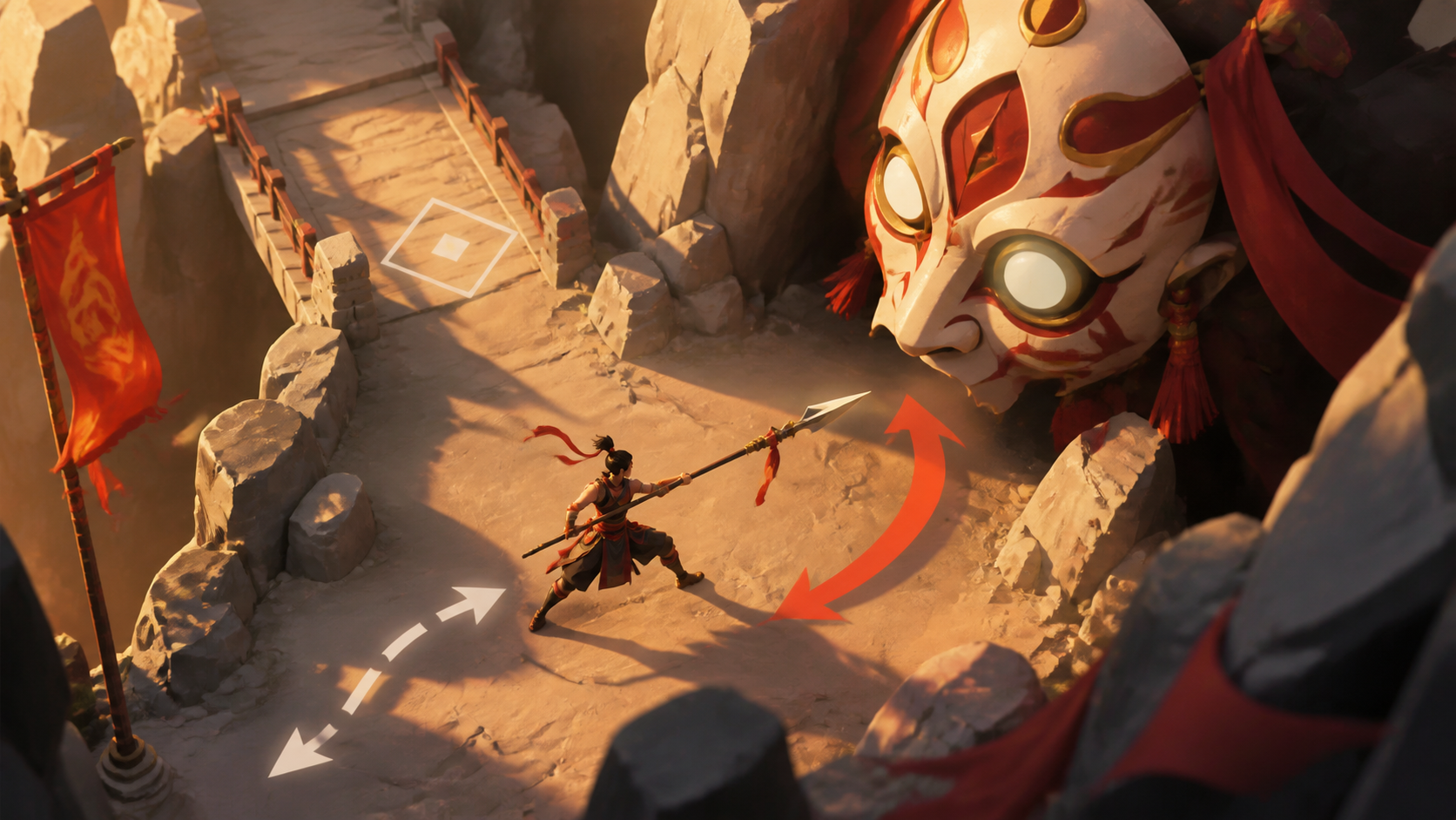 An adult spear dancer holding a mountain pass against a giant ceremonial mask, captured at one clear tactical turning point. Overhead tactical composition showing objective, obstacle, and escape route. Crimson, black che