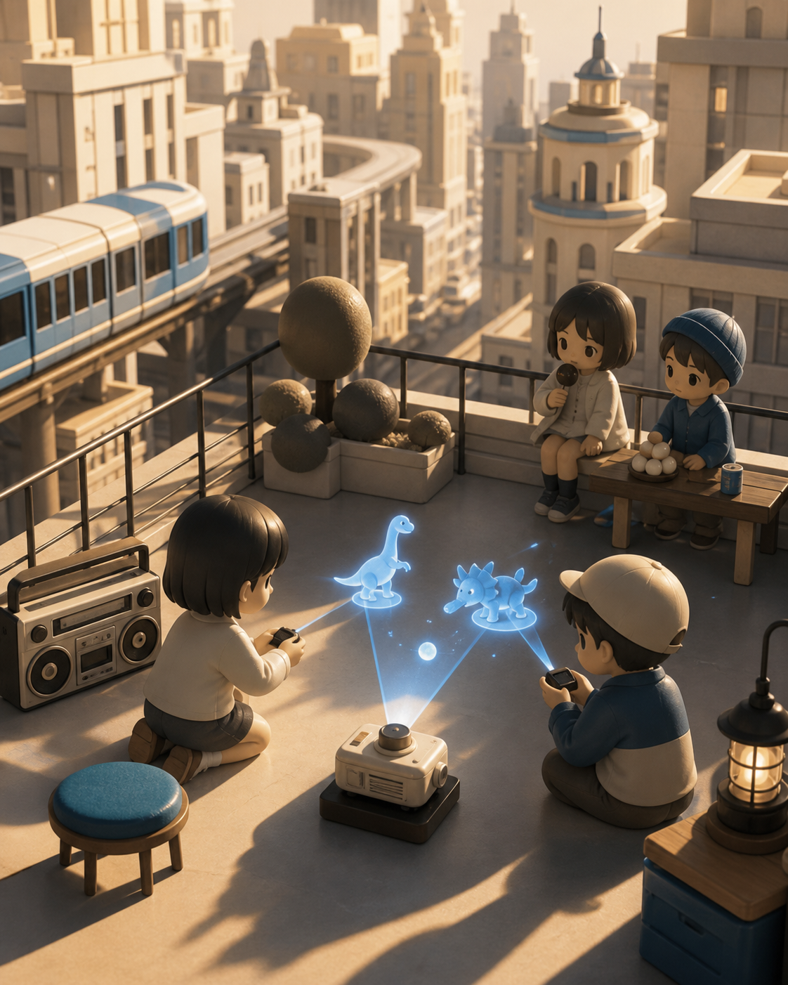 Children steering miniature projected creatures through a public park, as old and new entertainment traditions overlap naturally. Rooftop view with one game action framed against vertical city depth. Soft monochrome with
