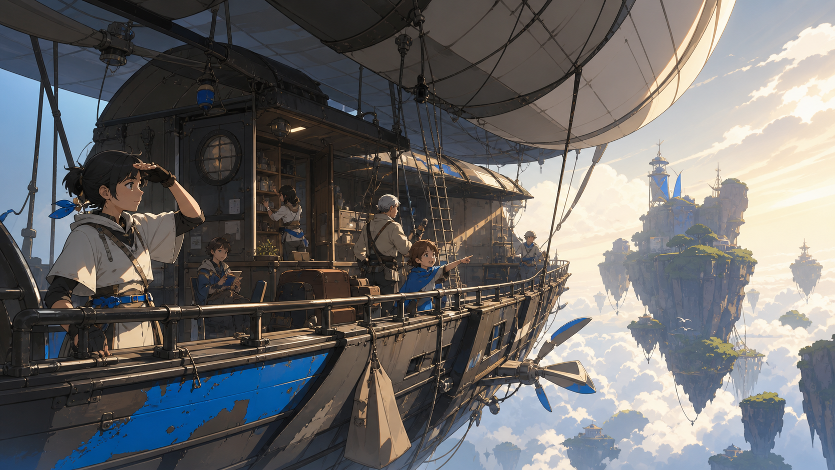 A weather-beaten airship ferry serving remote floating islands, mid-journey with passengers revealing how the vehicle is actually lived in. Wide travel-poster composition without typography, emphasizing destination and s