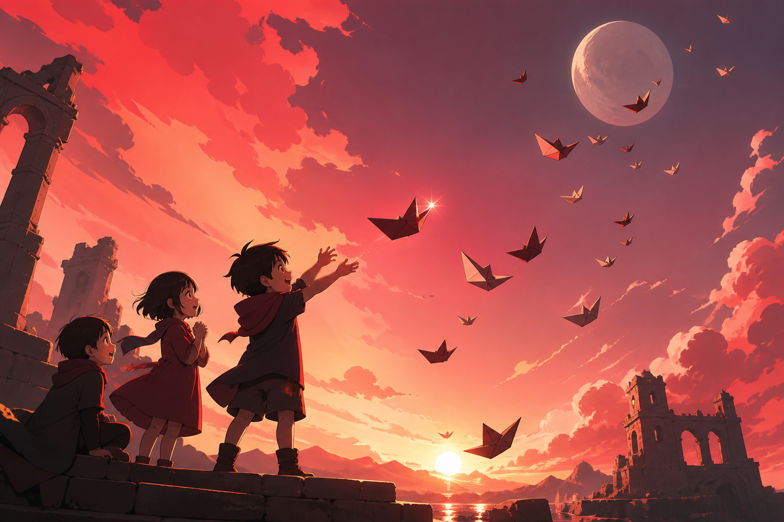Children launching paper boats that sail upward into the evening sky, seen entirely through playful discovery and age-appropriate imagination. Child-height viewpoint making the discovery feel monumental. Crimson, black c