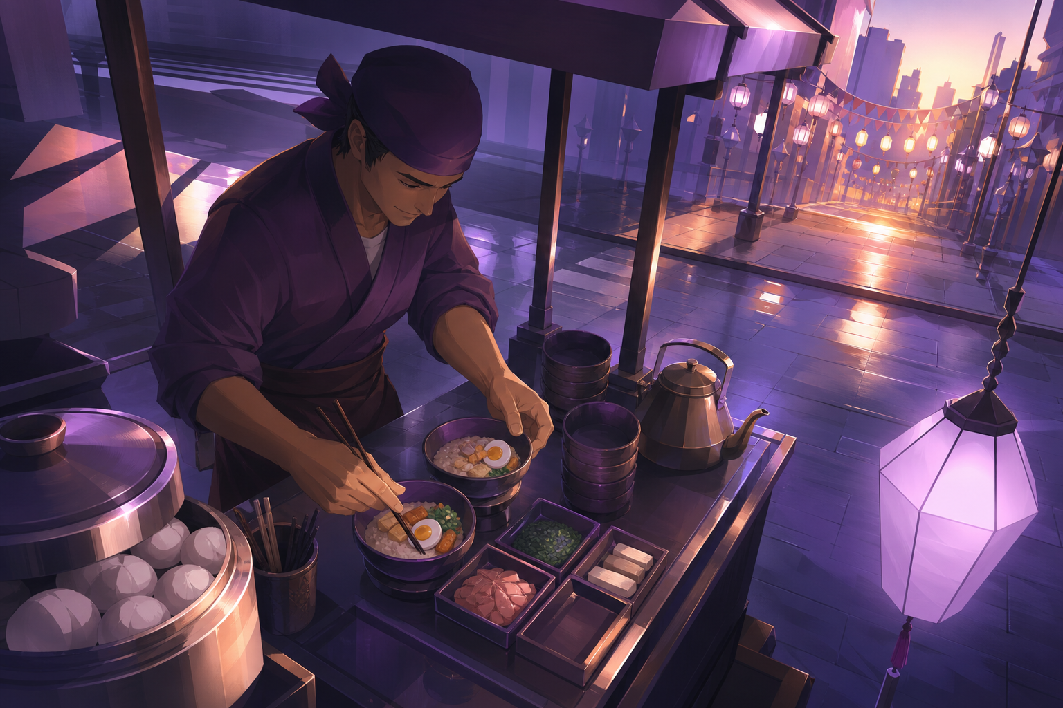 An adult street cook opening a breakfast cart before a citywide festival, shown through the rhythm of preparation and service. Overhead-leaning composition organized by hands, bowls, and serving rhythm. Mulberry, tea bro