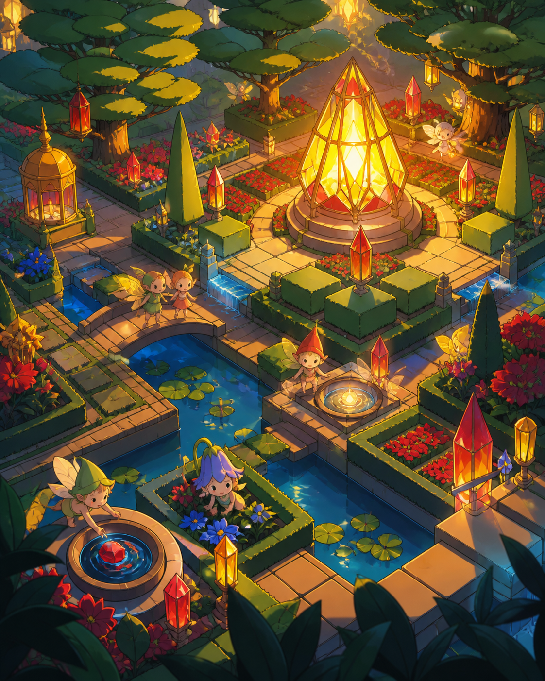 A children's sensory garden designed for friendly tiny spirits, at peak seasonal color represented through broad clean masses. Elevated composition revealing geometric planting and water structure. Emerald, stained-glass