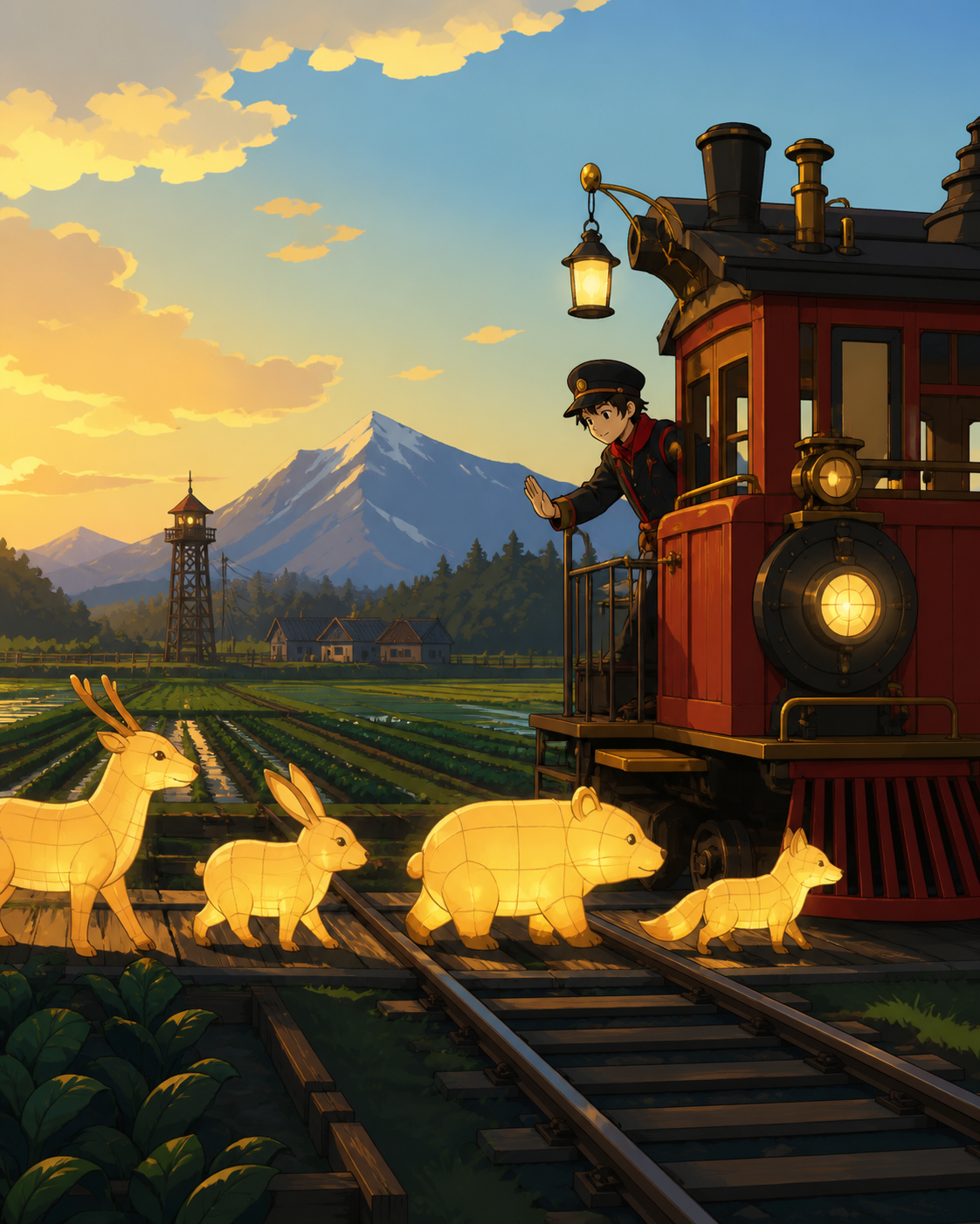 A rural train operator stopping for migrating lantern animals, during familiar seasonal work treated with quiet care. Medium environmental portrait connecting one worker to their craft. Pine black, snow blue, cedar red, 