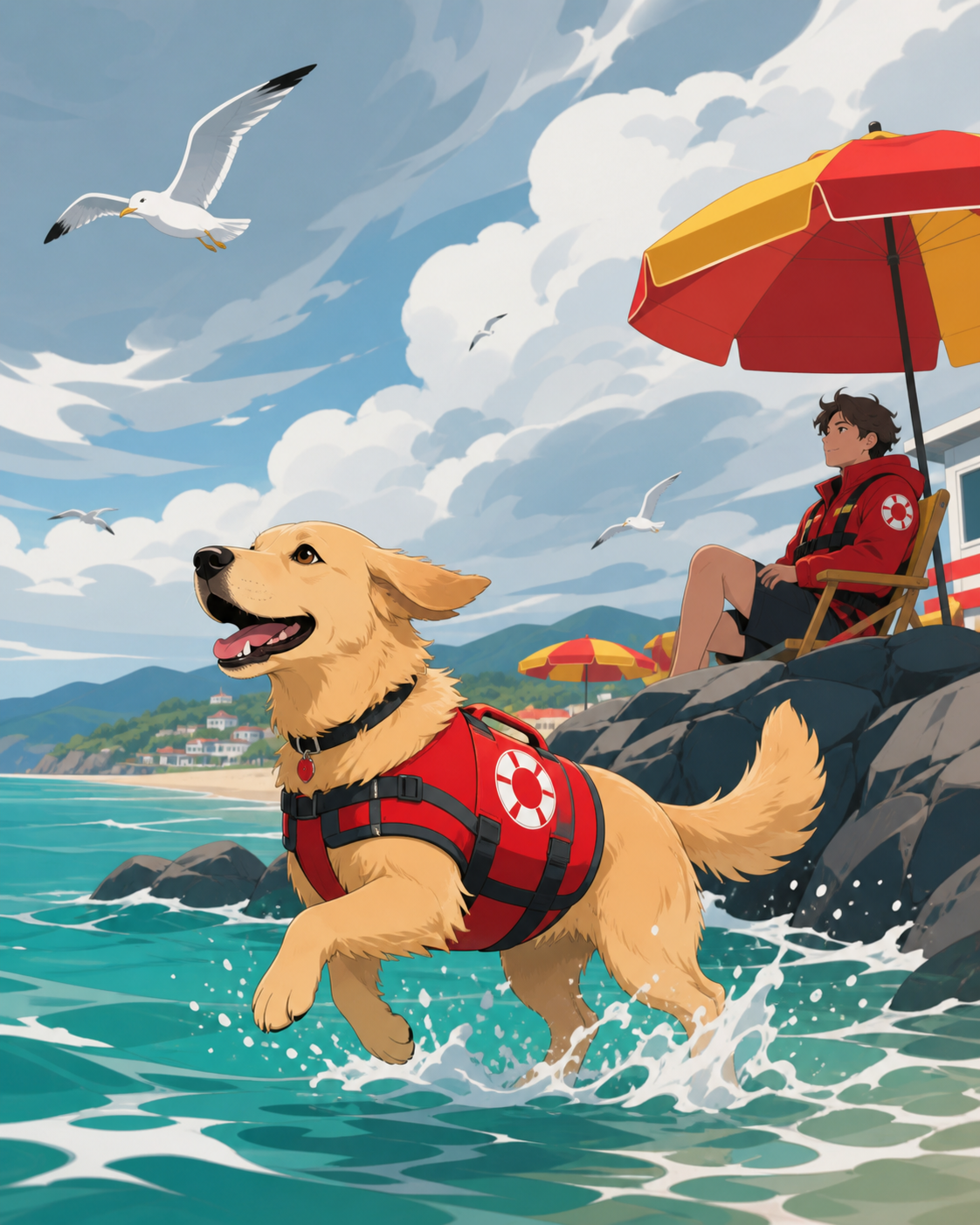 A coastal rescue dog enjoying its first day off in months, on a windy day with broad simple movement through clothing and water. Intimate group scene framed by broad water and sky zones. Emerald, stained-glass ruby, lapi