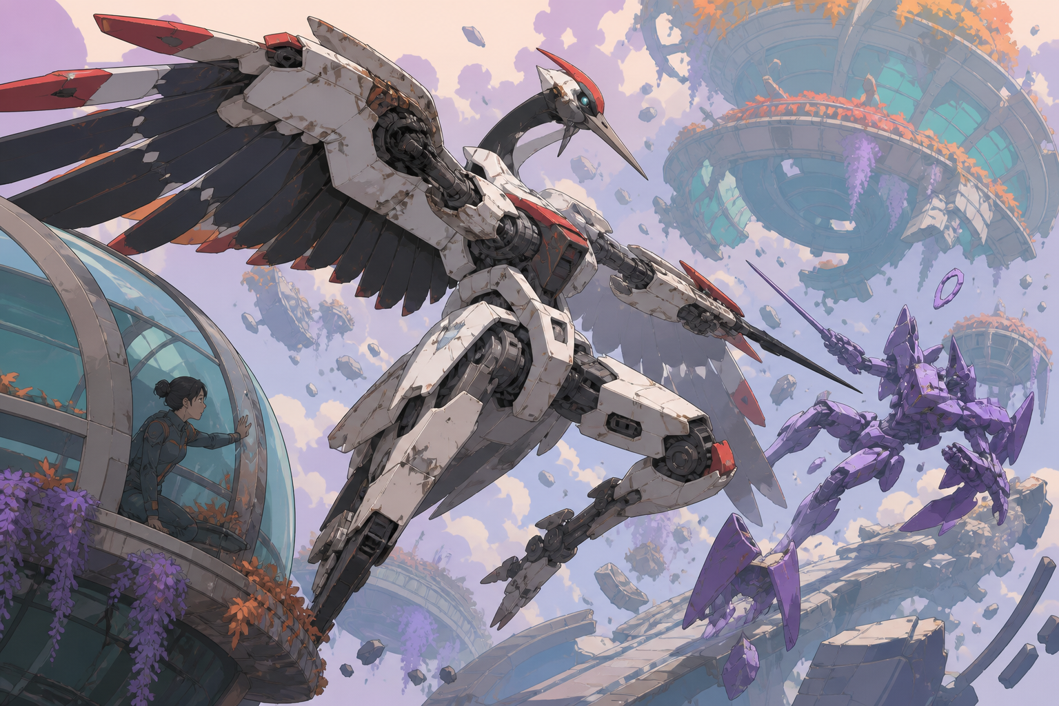 A battered rescue mecha designed like a red-crowned crane, fighting in zero gravity among fragments of a ruined orbital garden. Dynamic low-angle action frame with a strong diagonal movement line. Apricot, orchid purple,