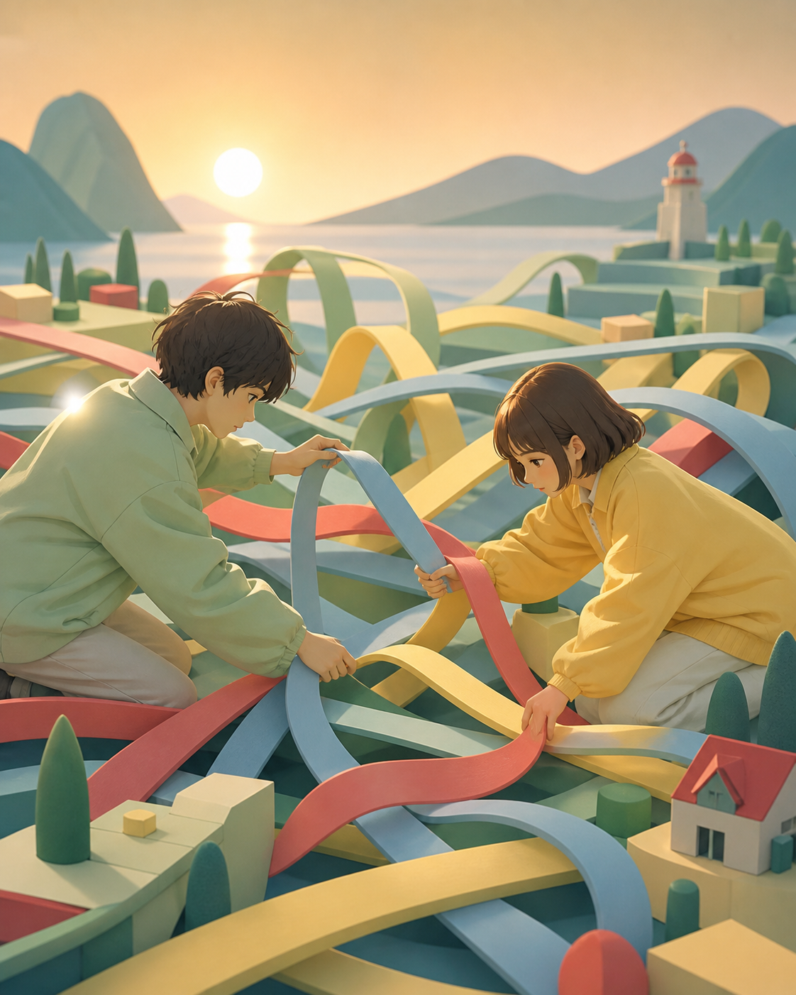 Two friends untangling a shared maze made from ribbon-like roads, during an ordinary action whose symbolic meaning is immediately legible. Intimate character view connected to a larger surreal environment. Soft pistachio