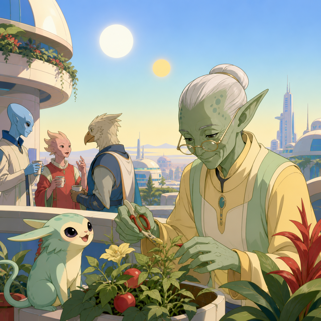 An elderly alien tending a balcony garden beneath two suns, during a warm community interaction across several species. Observational everyday frame that makes alien life feel familiar. Soft pistachio, butter yellow, pow