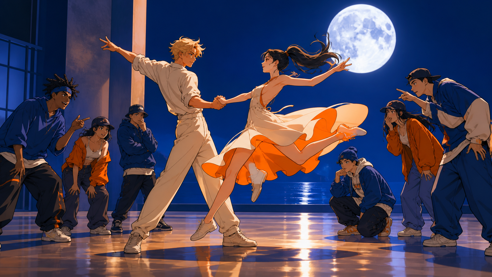 A ballroom pair answering a hip-hop crew with playful choreography, on a clean open floor where complete body movement remains readable. Ensemble reaction frame with one dancer suspended at the focal instant. Cobalt, per