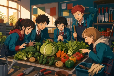 The gardening club discovering their vegetables quietly rearrange themselves, as a failed plan turns into a better group idea. Table-height view with hands, tools, and reactions al