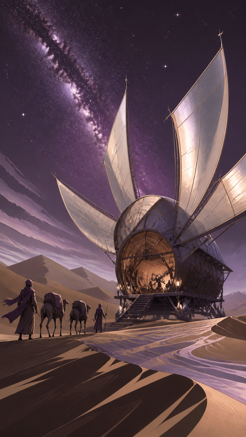 A nomadic observatory opening its mirrored sails beneath the Milky Way, during a difficult crossing made beautiful by unfamiliar weather. Low desert viewpoint using foreground wind patterns to lead toward the destination