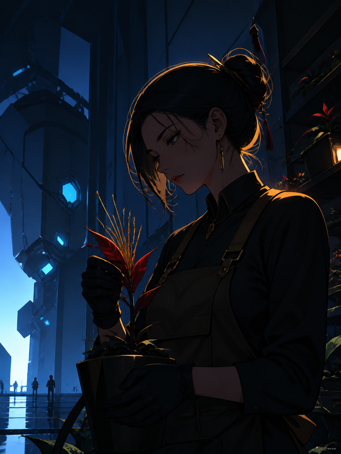 An adult woman florist who quietly cultivates supernatural plants, captured during one unguarded moment in their workplace. Intimate waist-up portrait with unusual negative space and environmental context. Pine black, sn