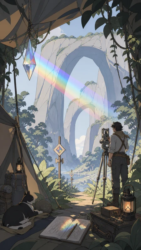 An adult surveyor measuring a forest of enormous smooth stone arches, shown through preparation and curiosity rather than peril. Medium camp scene opening onto a monumental distant