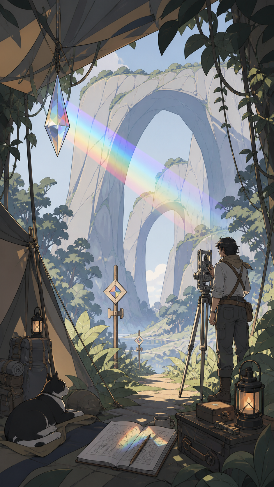 An adult surveyor measuring a forest of enormous smooth stone arches, shown through preparation and curiosity rather than peril. Medium camp scene opening onto a monumental distant view. Monochrome graphite with selectiv