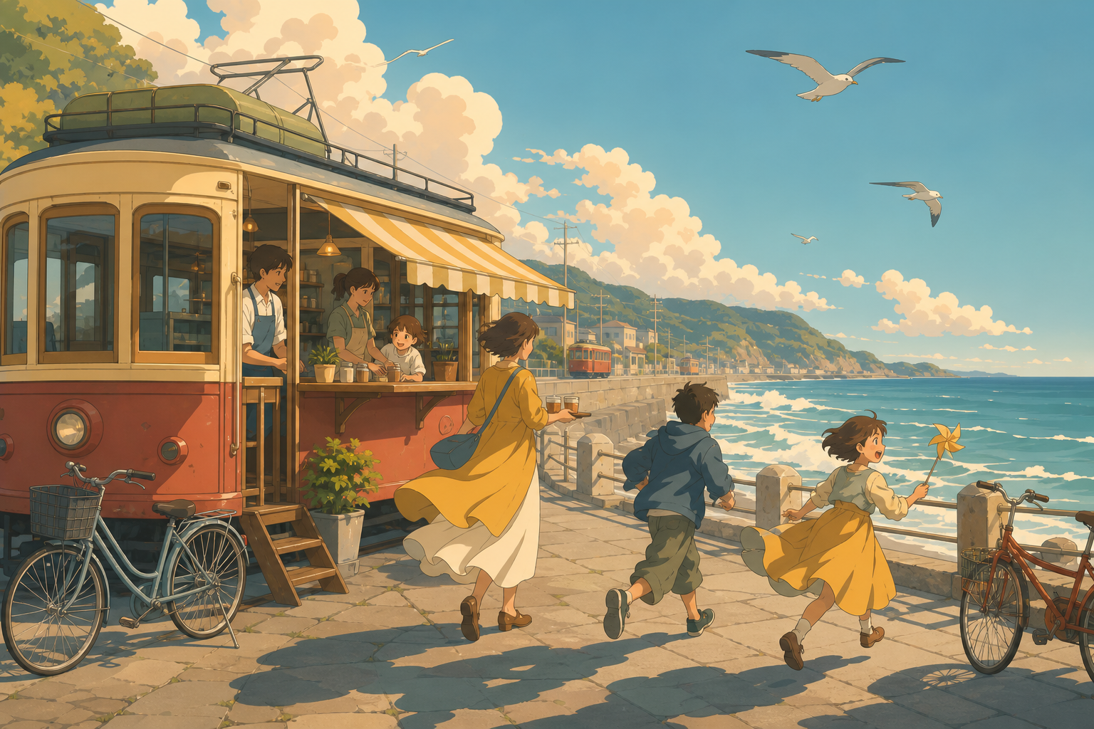 A family running a quiet seaside café from a converted tram, on a windy day with broad simple movement through clothing and water. Wide coastal frame with people distributed along a clear shoreline. Clay red, sage, faded