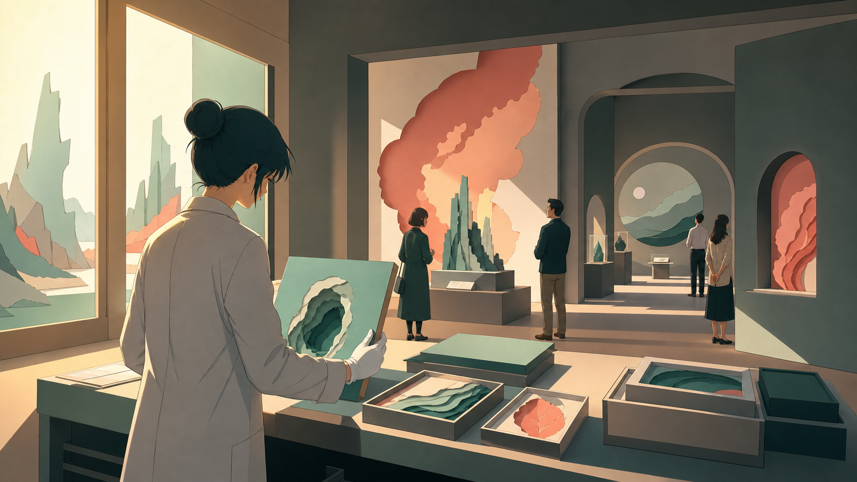 A curator preparing an exhibition of colors that no longer exist outdoors, during a private preview attended by only a few curious adults. Over-the-shoulder conservation view revealing several gallery depths. Sea-glass g