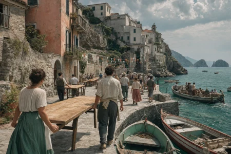 A cliffside village carrying tables into a square for a summer feast, during a bright communal day shaped by work, food, and sea travel. Low harbor composition following people and