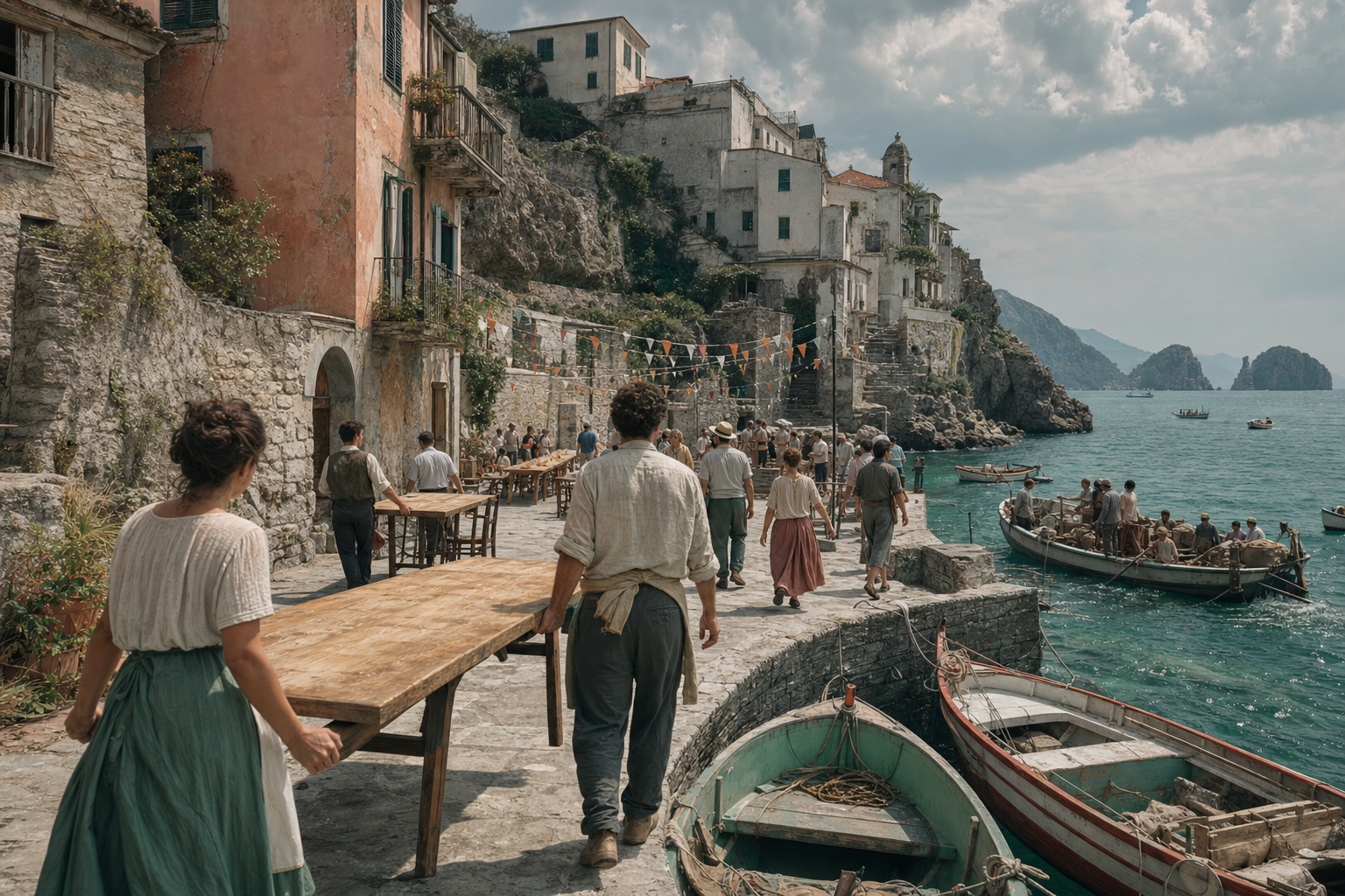 A cliffside village carrying tables into a square for a summer feast, during a bright communal day shaped by work, food, and sea travel. Low harbor composition following people and boats toward distant islands. Sea-glass