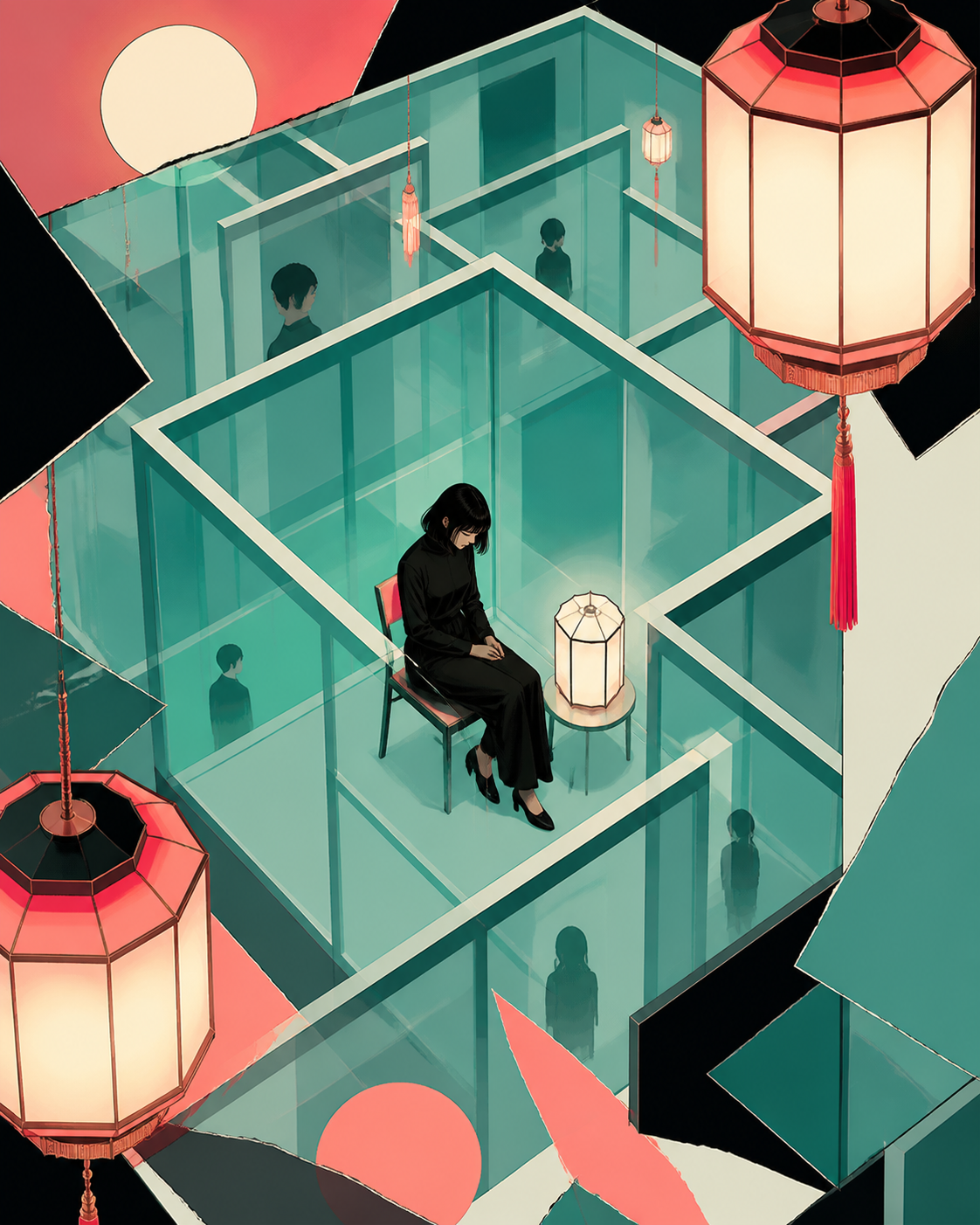 A portrait of loneliness represented as an inhabited glass maze, expressed as a visually coherent editorial artwork with no written explanation. Bold gallery-poster composition with no typography. Celadon, coral pink, in