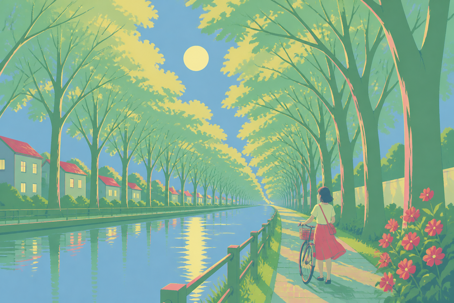 A summer avenue of tall green trees beside a quiet canal, at an unusual hour that makes a familiar place feel new. Long avenue perspective beneath an arching canopy. Soft pistachio, butter yellow, powder blue, and strawb