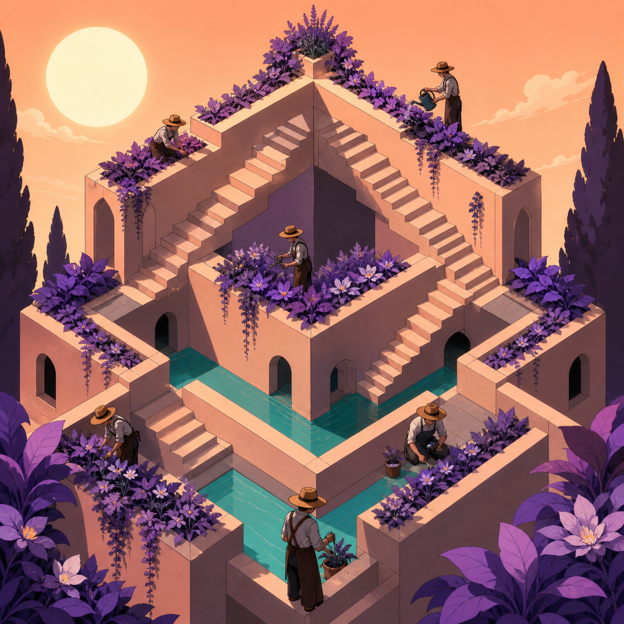 Gardeners tending terraces visible from several viewpoints at once, with the spatial paradox presented cleanly and immediately readable. Carefully centered architectural view exposing the complete paradox. Apricot, orchi