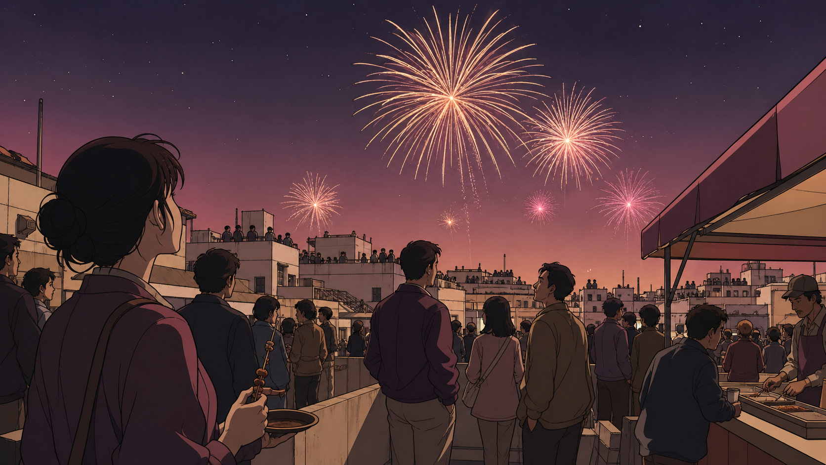 A rooftop fireworks celebration spanning dozens of connected buildings, from an unusual vantage point within the crowd rather than above it. Immersive crowd-level panorama with clear focal lighting. Muted rose, parchment
