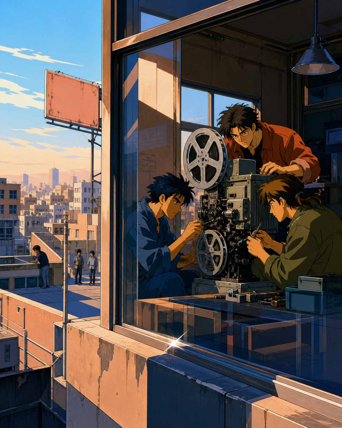 Three adult friends repairing an old rooftop cinema projector, during a quiet weekday hour when the city briefly feels private. Cinematic wide shot composed through windows, signs without readable text, and reflections. 