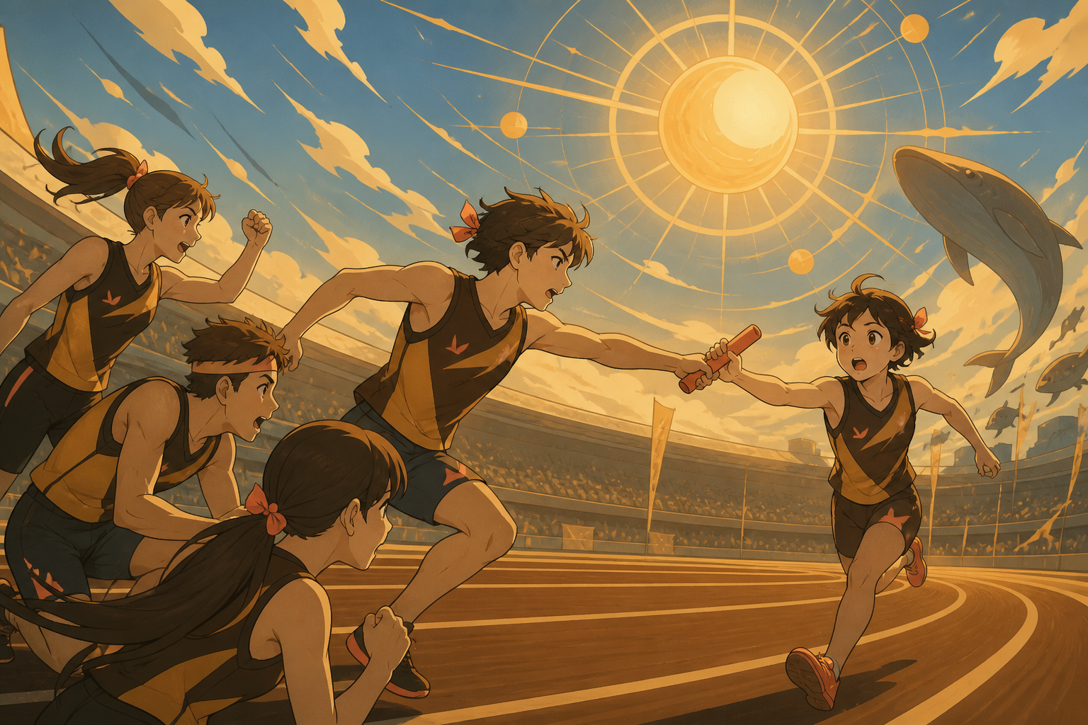 A school relay team coordinating the final baton pass, as teammates encourage the least experienced participant. Wide venue view centered on one decisive action. Amber, walnut brown, rain blue, and tiny coral accents. Jo