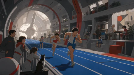 Athletes competing inside a rotating space habitat, inside severe architecture made lively by ordinary residents. Monumental public-space view with people giving the machinery huma